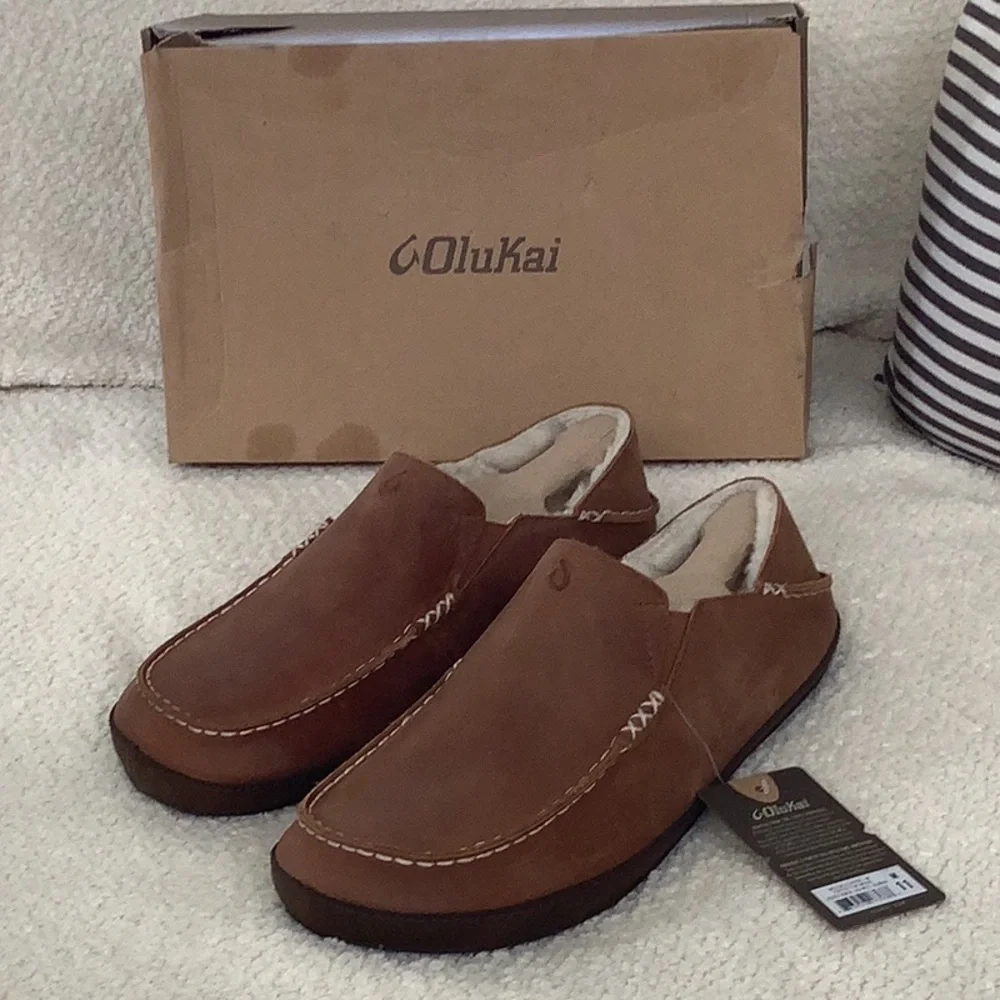 Olukai Men’s Brown Leather Slip-On Moccasin